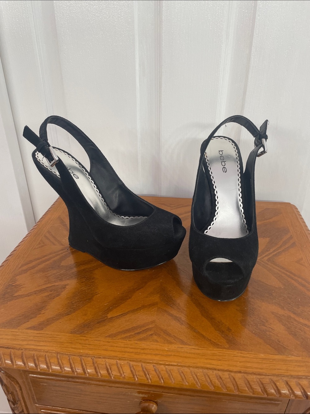 bebe Black Suede Peep-Toe Slingback Wedges